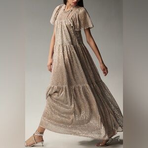 Anthropologie Silver Short-Sleeve Mock-Neck Maxi Dress Small
